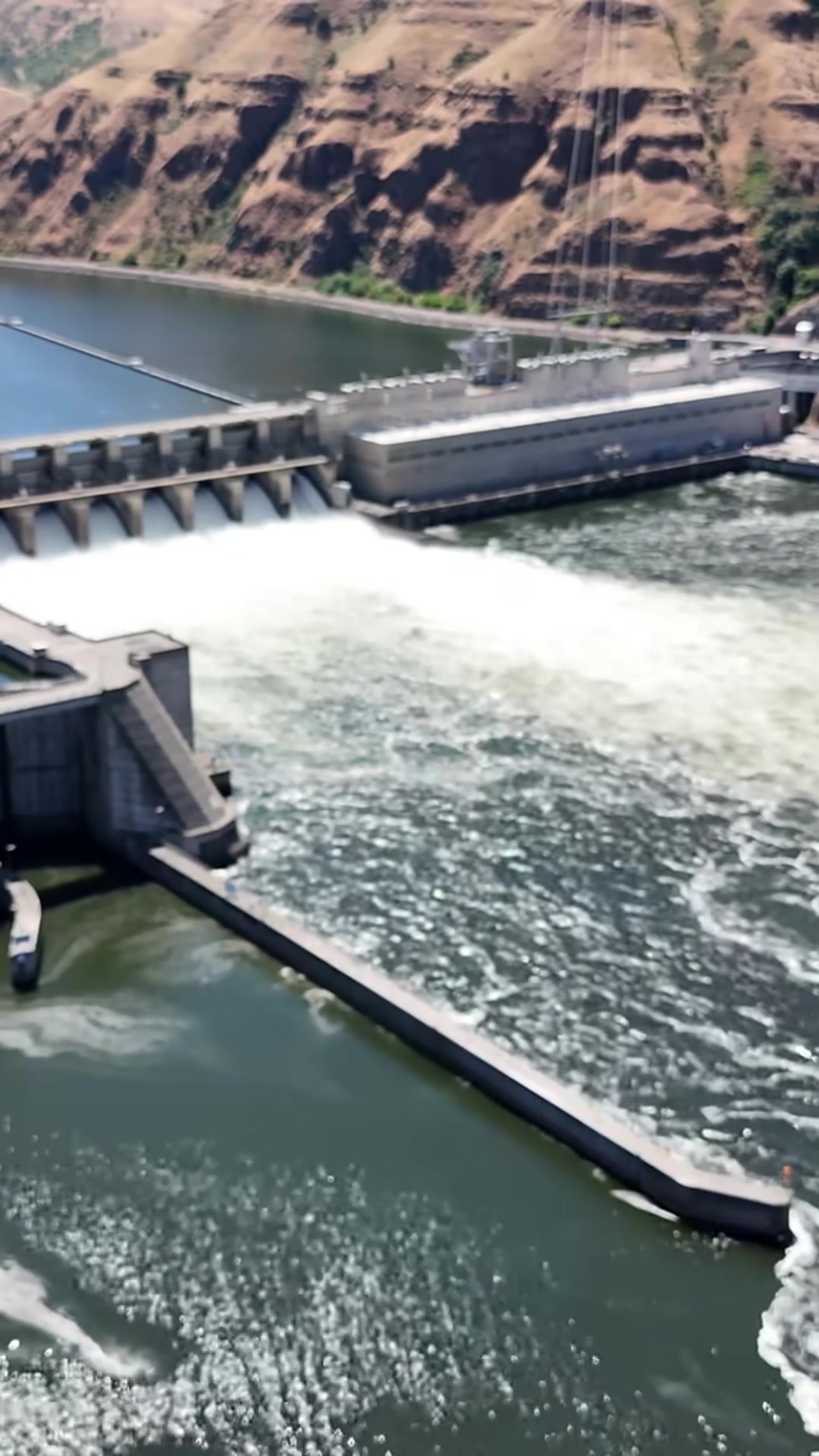 Aerial View of a Multi-Level Dam with Spillway on a Mountainous River