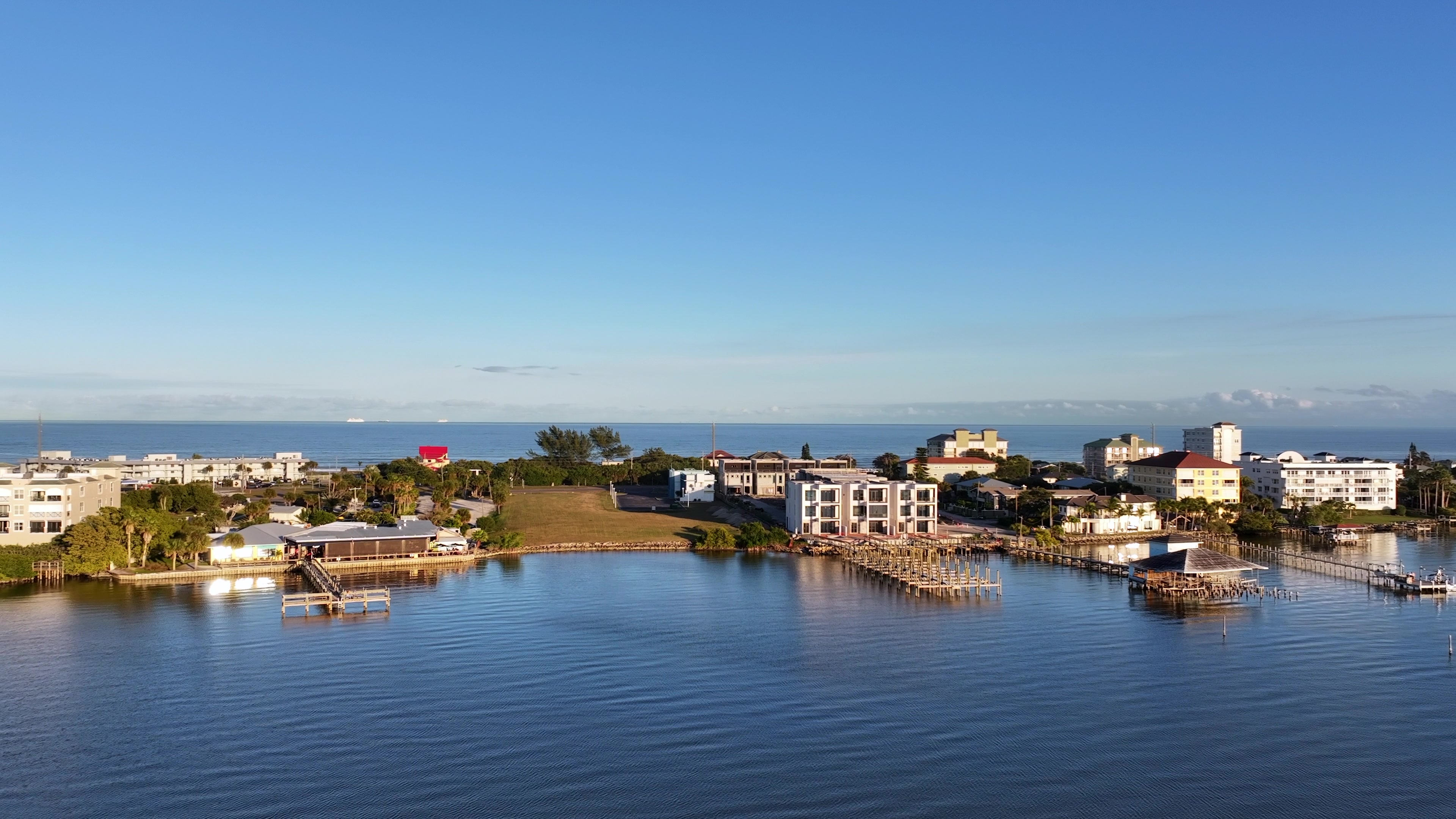 Aerial View of Florida Barrier Island Coastal Town at Golden Hour